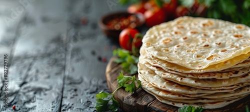 Homemade roti chapati flatbread on gray concrete surface with space for text or inscriptions