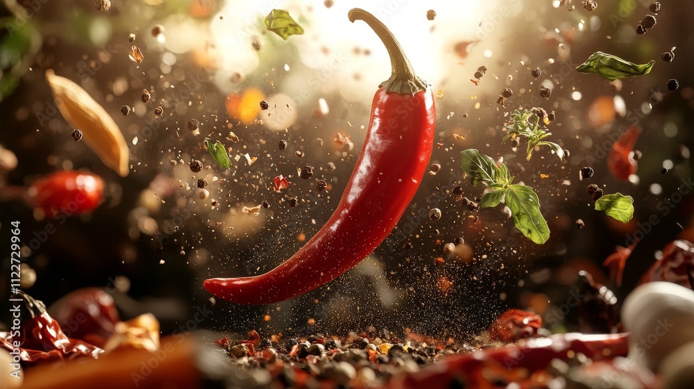 A vibrant red chili pepper surrounded by spices and herbs, capturing culinary excitement. A vibrant red chili pepper surrounded by spices and herbs, capturing culinary excitement.