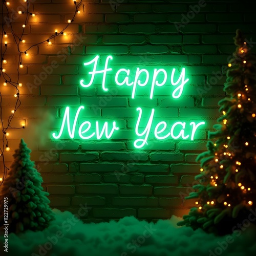 Neon Green 'Happy New Year' Sign with Glowing Lights and Holiday Decor photo