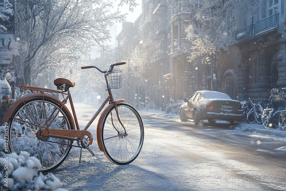 Obraz premium Light brown bicycle resting under a blanket of snow, parked on a quiet winter city street, creating a serene urban landscape. Color of 2025 year mocha mousse