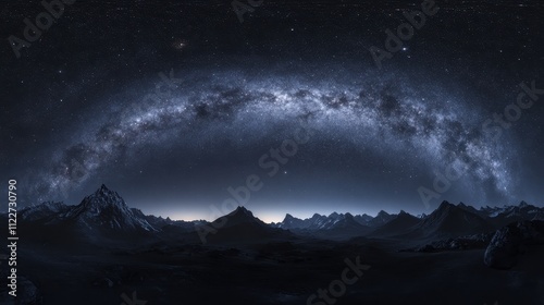 Majestic Milky Way arches over a distant mountain range on a dark, starry night. photo