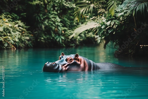 Hippopotamus swimming in the water photo