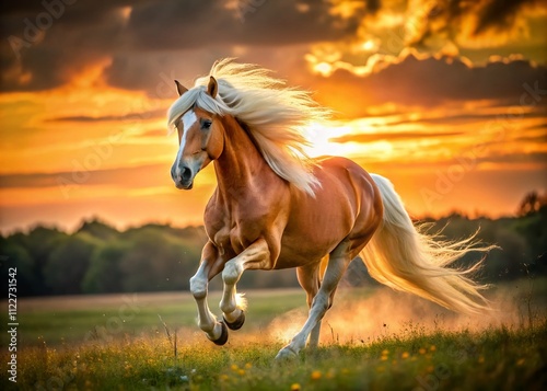 Haflinger Horse Running Sunset - Golden Horse Photography