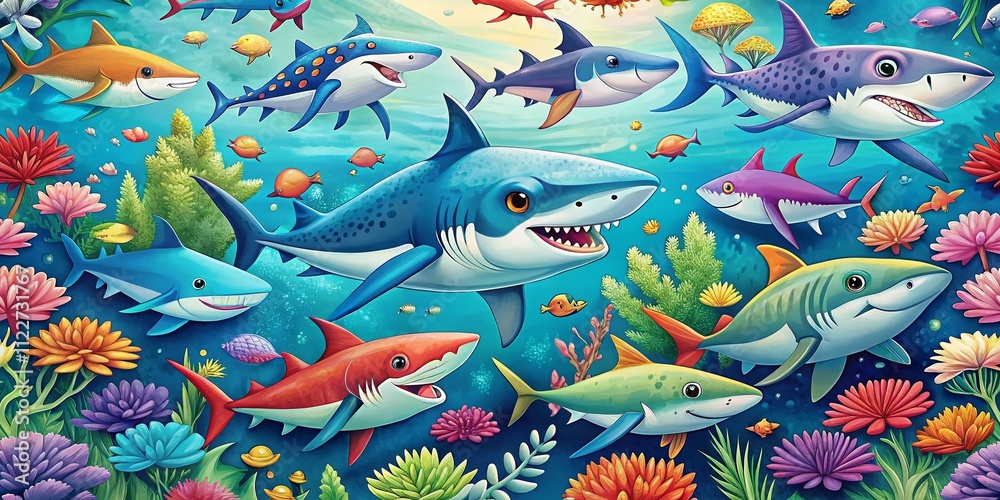 Obraz premium Happy Shark Family Seamless Pattern - Landscape Photography