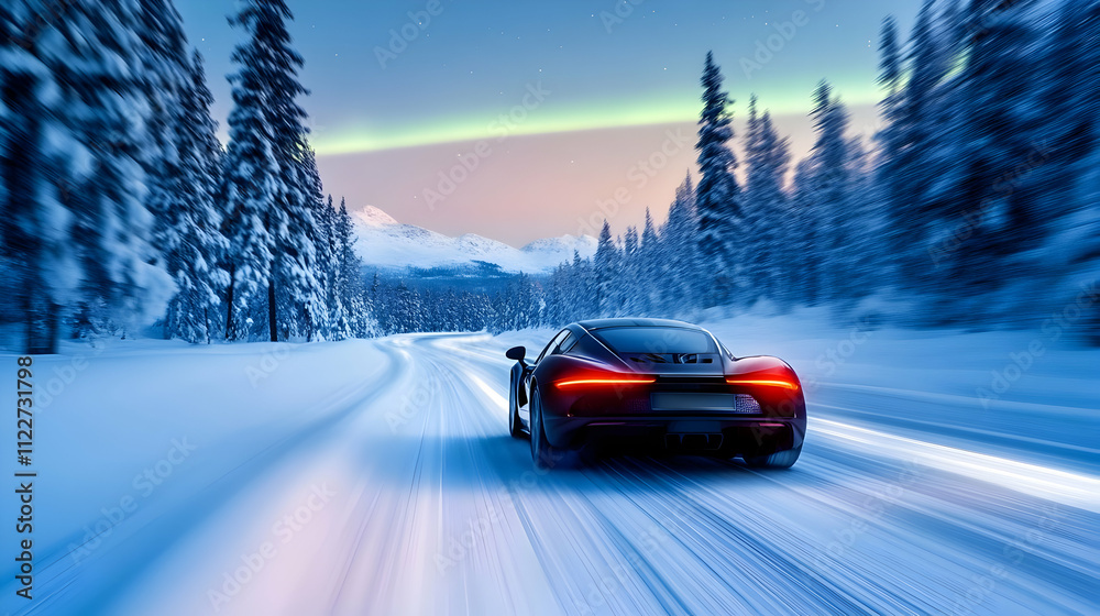 Fototapeta premium Speeding sports car, winter road, snowy landscape, aurora borealis