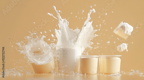 whole milk big set, pouring and splashing milk, glass, carton, jug, bottle 3d vector realistic illustration, diary product design elements photo