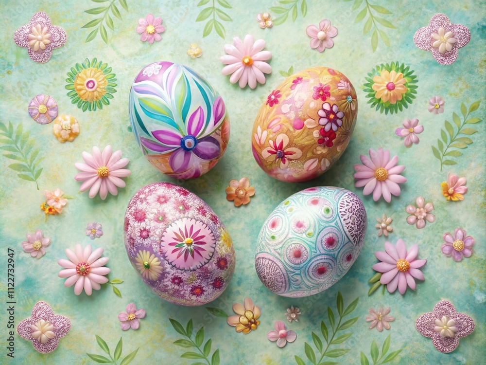 Aerial View of Four Colorful Easter Eggs on a Soft Pastel Background for Seasonal Celebrations and Festivities Aerial View of Four Colorful Easter Eggs on a Soft Pastel Background for Seasonal Celebrations and Festivities
