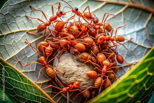 Red Ants Nest on White Teak Leaves - Panoramic View photo