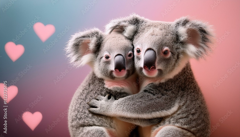Fototapeta premium Animal tender, romantic love, pastel background. Baby koalas hug and cuddle. Valentine's Day in the animal world