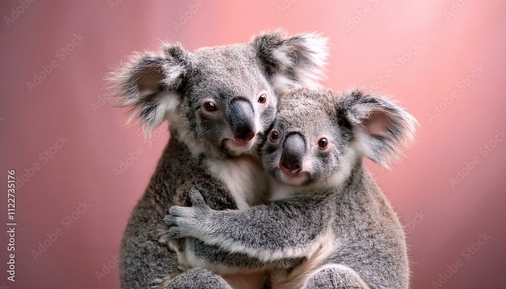 Fototapeta premium Animal tender, romantic love, pastel background. Baby koalas hug and cuddle. Valentine's Day in the animal world