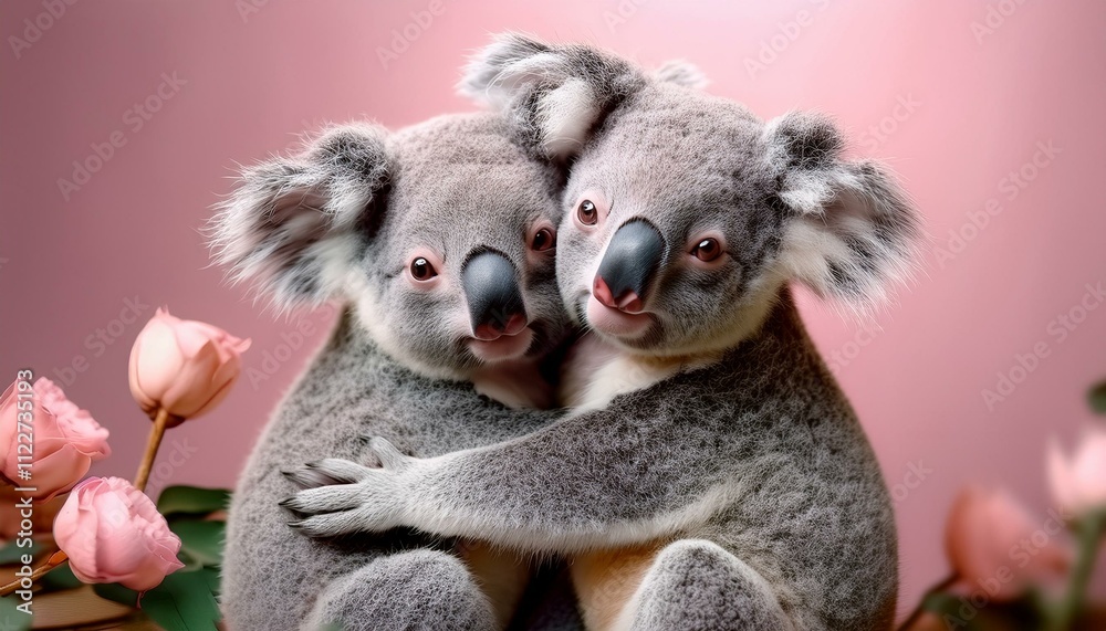 Obraz premium Animal tender, romantic love, pastel background. Baby koalas hug and cuddle. Valentine's Day in the animal world