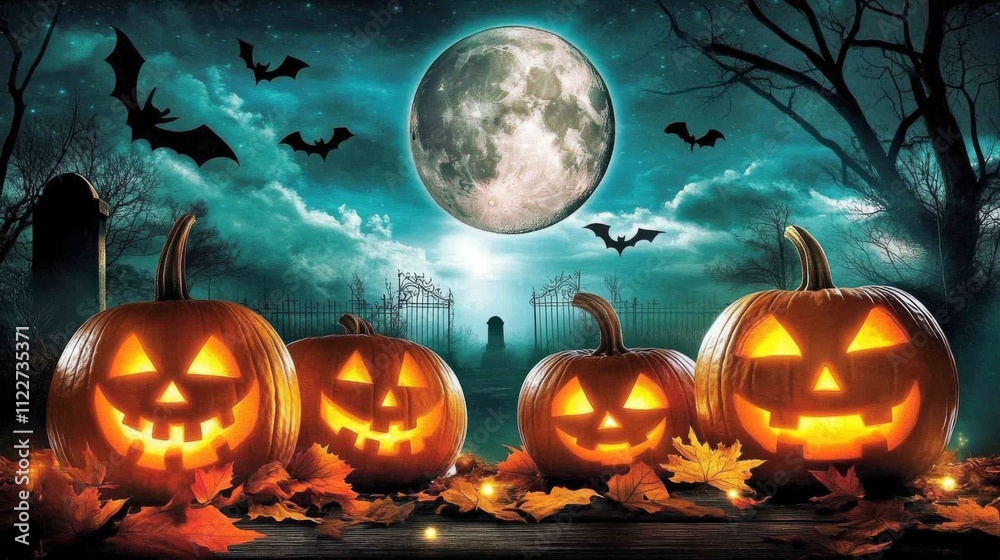 Fototapeta premium Pumpkins illuminated by full moonlight in a spooky Halloween setting
