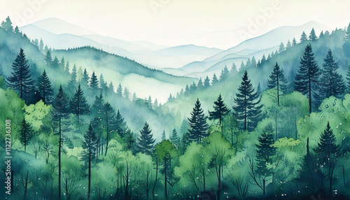 A watercolor forest scene with soft green trees, gentle sunlight streaming through the canopy, and a misty, ethereal atmosphere in pastel tones.