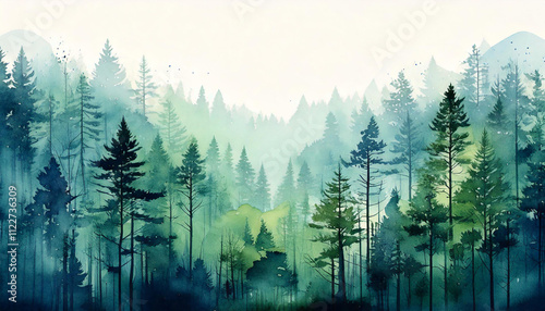 A watercolor forest scene with soft green trees, gentle sunlight streaming through the canopy, and a misty, ethereal atmosphere in pastel tones.