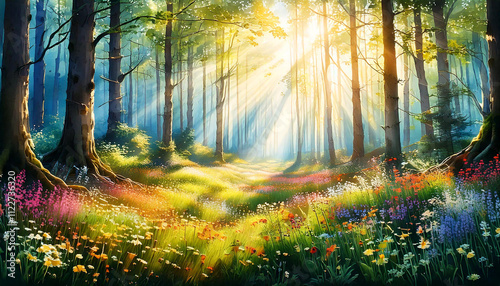 A watercolor forest scene with soft green trees, gentle sunlight streaming through the canopy, and a misty, ethereal atmosphere in pastel tones.