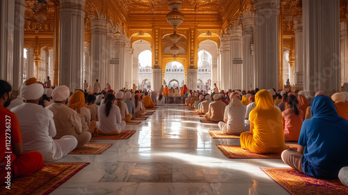 Golden Temple Festival celebration inside the temple complex, Sikh devotees wearing traditional clothes with white and gold colors, chanting prayers in front of the altar, AI generated images photo