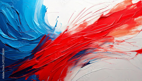 A minimalistic abstract background with bold brush strokes in red and blue, set against a textured white canvas, exuding elegance and simplicity.