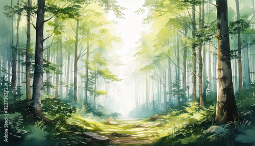 A watercolor forest scene with soft green trees, gentle sunlight streaming through the canopy, and a misty, ethereal atmosphere in pastel tones.