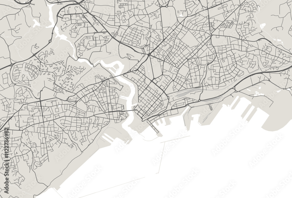 Grayscale Brest map, city in France. Streetmap municipal area.