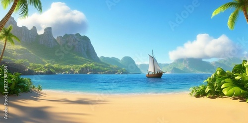 Tranquil Moana Landscape: Blue Sky and Water, White Clouds, Green Tree, Large Rock in Frame photo