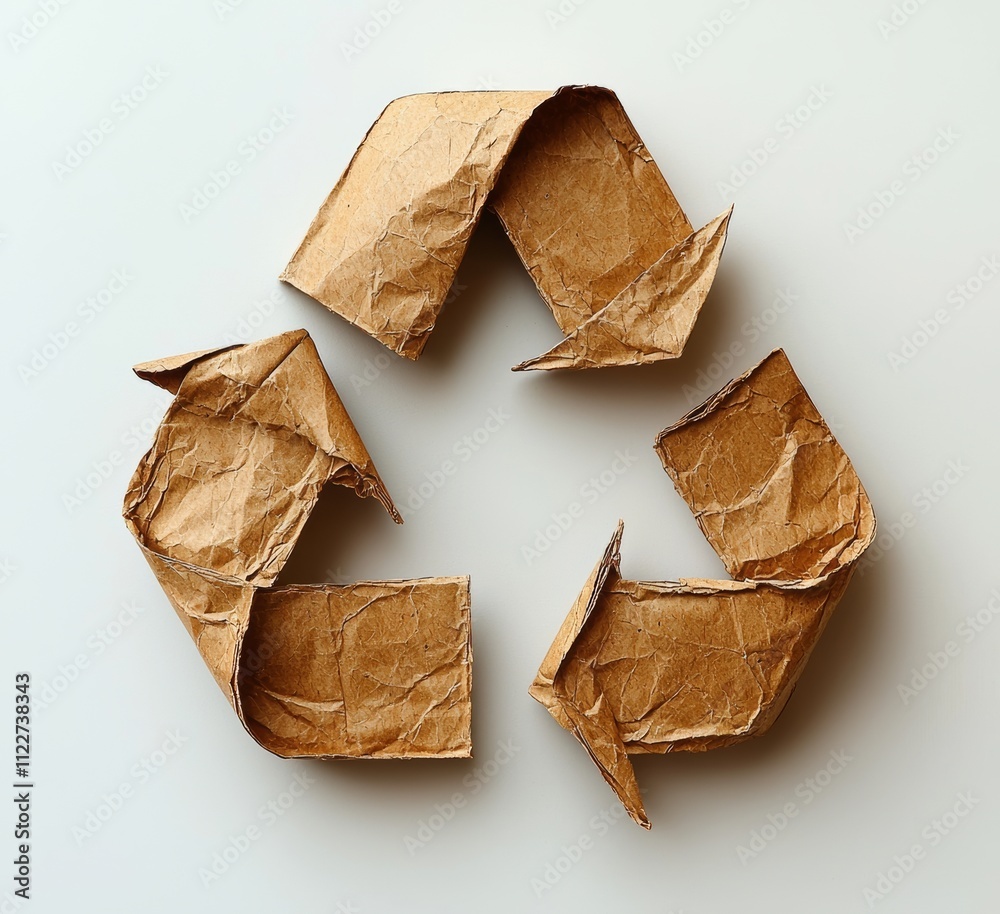 © typepng - A top view of a recycling symbol cut from kraft paper on a white background.