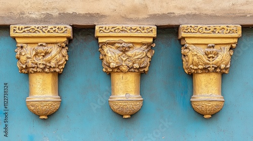 Ornate golden decorative pillars on a teal wall. photo