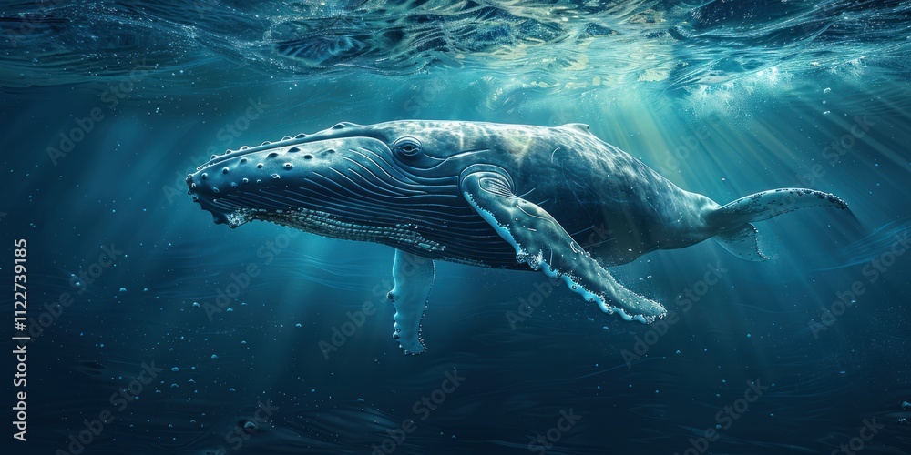 Naklejka premium Humpback Whale Gliding Through Sunbeams