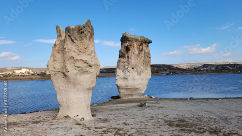 Magical rock formations by the side of Lake Emre in Ihsaniye district in Afyon, Turkey. It is located in the Phrygian Nature park. photo