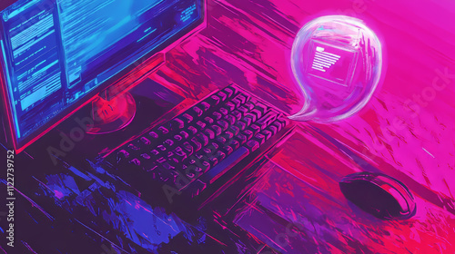 Conceptual image with a speech bubble next to an interactive AI CPU. 3d rendering
