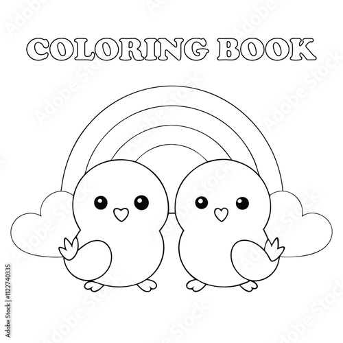 Coloring page for kids cute baby pair of cute love birds sitting side by side, surrounded by hearts and a rainbow.
