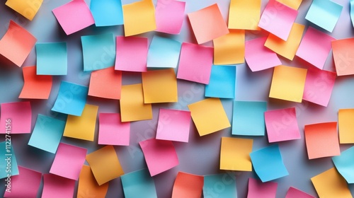 Colorful sticky notes arranged on a board to facilitate brainstorming and organization, perfect for creative projects or team collaborations