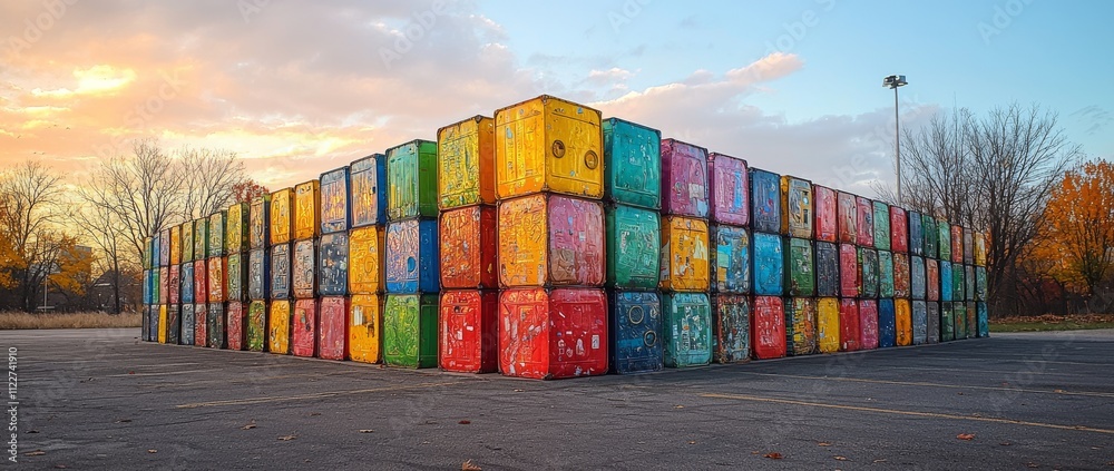 Fototapeta premium Crushed aluminum cans, packed into bales, are piled up in a recycling yard, demonstrating systematic waste management and recycling practices.