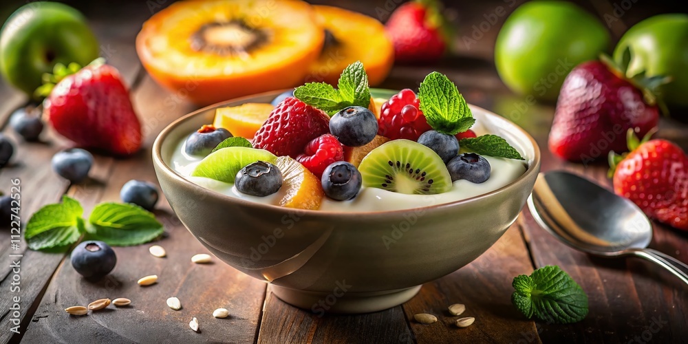 A Luxurious Bowl of Creamy Yogurt Decorated with an Array of Fresh Fruits in Soft Low Light, Perfect for a Healthy Breakfast or Snack Inspiration A Luxurious Bowl of Creamy Yogurt Decorated with an Array of Fresh Fruits in Soft Low Light, Perfect for a Healthy Breakfast or Snack Inspiration