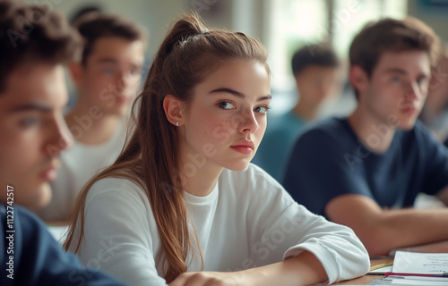 A group of students are sitting at a desk in a classroom studying and taking notes. photo