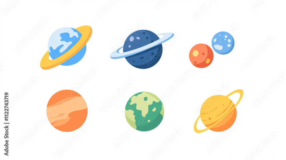 Obraz premium Colorful cartoon planets flat icon kit. Cosmic world, alien space design elements. Earth, satellite with rings, frozen ice, craters and technology comets surface.