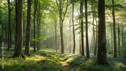 Wallpaper Mural Soft focus captures the serene beauty of a forest illuminated by dappled sunlight, forest ambiance, green foliage Torontodigital.ca