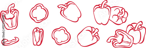 Red bell paprika or pepper line art vector illustration, cartoon food doodle set, isolated