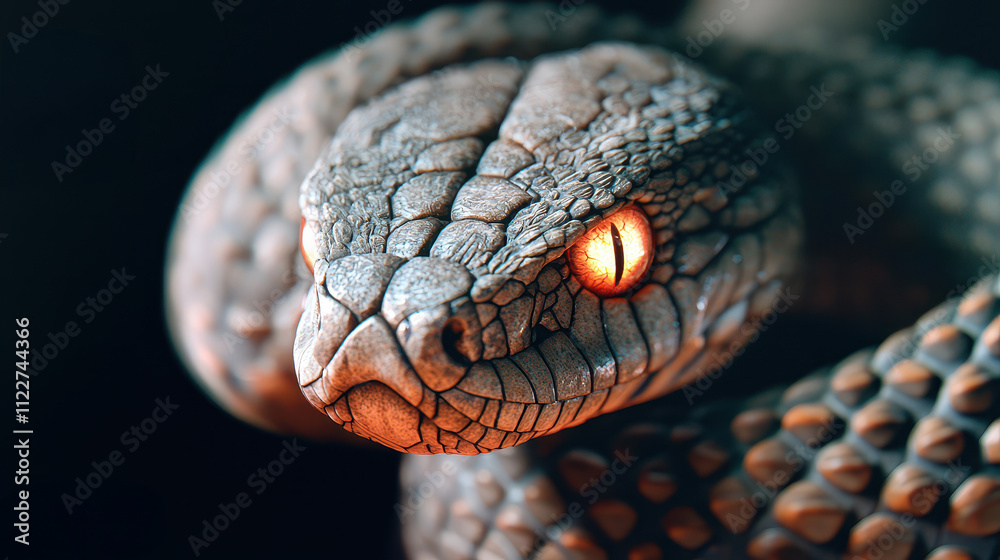 Fototapeta premium Year of Snake Chinese Zodiac Concept, Serpent with Glowing Eyes Emerging from Shadows in a Dark and Mysterious Environment