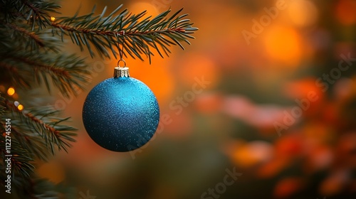 A single teal ornament hangs from a pine branch