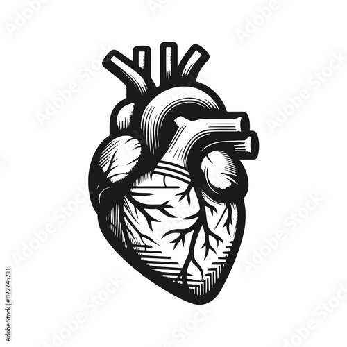 A simple, black and white, vector graphic of a human heart.