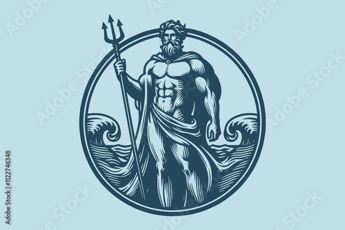 Poseidon with trident, vintage monochrome engraving, blue on light blue. Round emblem