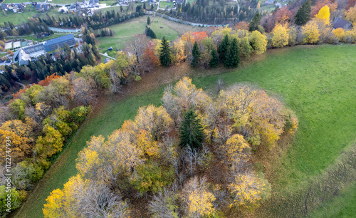 Drone colorful autumn forest overlooking small village in misty valley. kranjska gora valley Slovenia photo