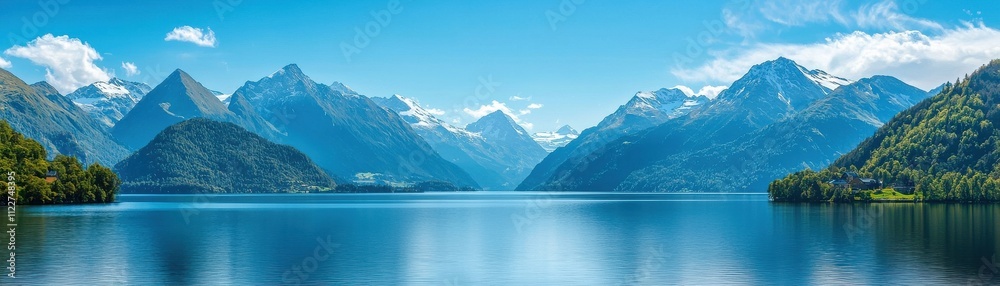 A serene landscape featuring majestic mountains reflected in a calm lake under a bright blue sky with fluffy clouds.