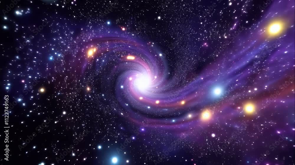 Vibrant cosmic tunnel with stars, planets, flying in an endless loop, sci-fi background