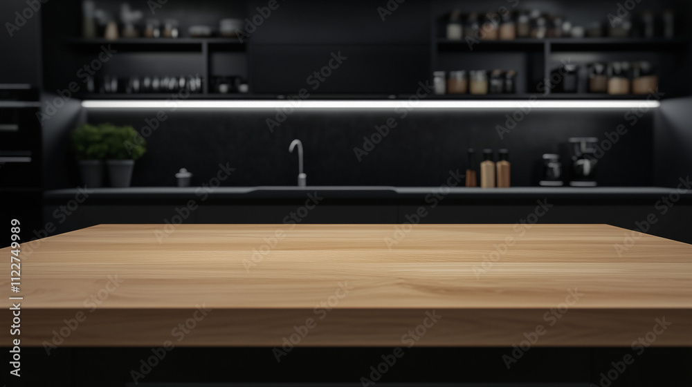 Obraz premium clean wooden table with modern feel, minimalist kitchen background with matte black wall, Ai generated images