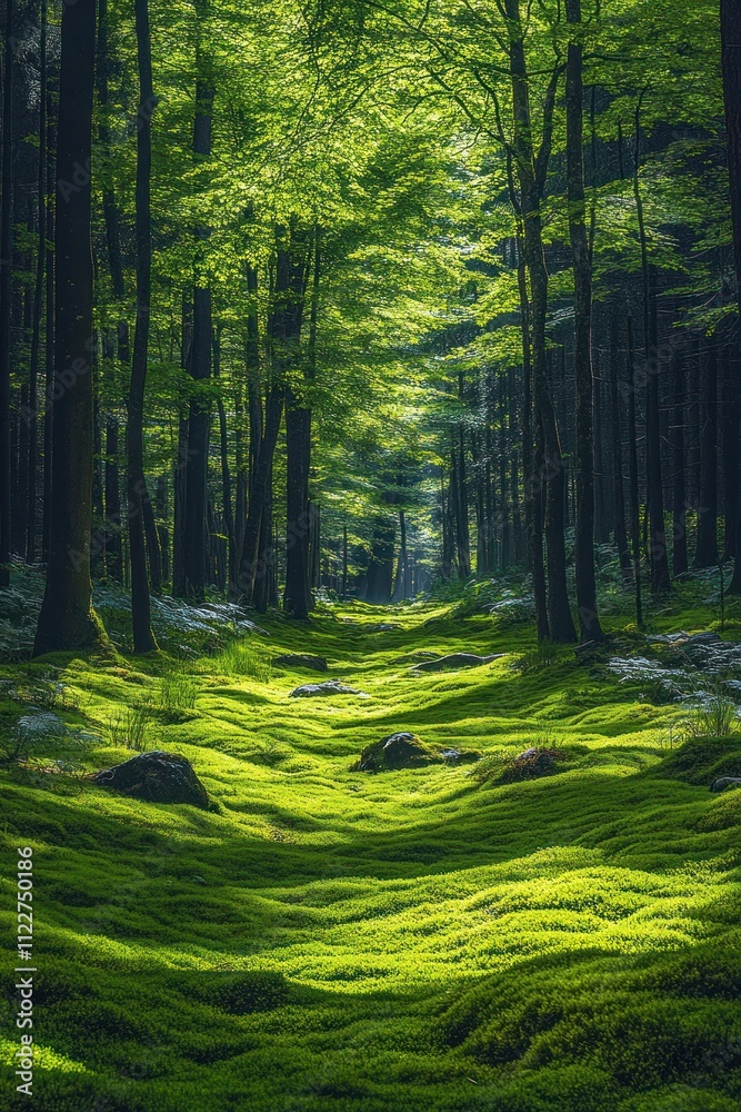 Fototapeta premium A serene forest path illuminated by sunlight, showcasing lush greenery and moss-covered ground.