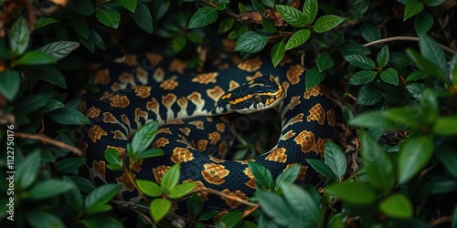 Vividly patterned gaboon viper coiled in dense underbrush, snake coils, forest ecosystem, exotic snakes photo