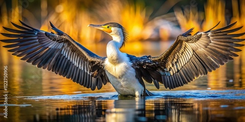 A Stunning Aerial View of a Whitebreasted Cormorant Spreading Its Wings to Dry Under the Sunlight Near the Water's Edge in a Serene Natural Environment photo