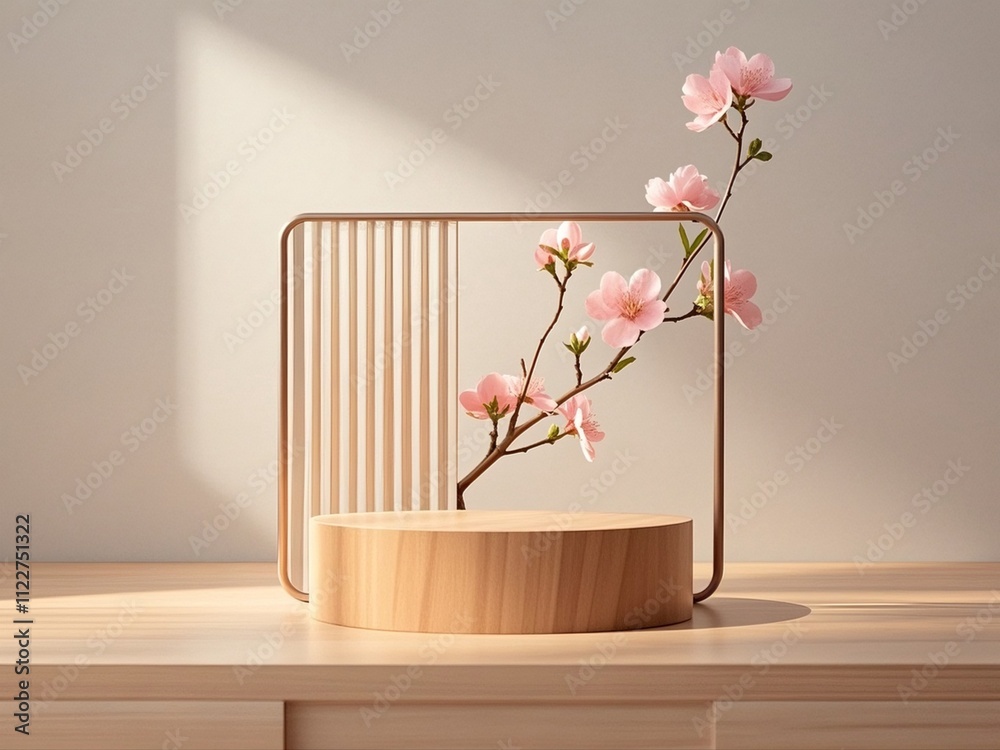 Geometric empty podium wooden platform stand for product presentation and spring flowering tree branch with pink flowers on white background.