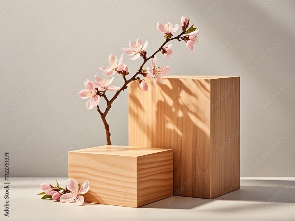 Geometric empty podium wooden platform stand for product presentation and spring flowering tree branch with pink flowers on white background.